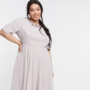 ASOS DESIGN CURVE EMBELLISHED NECKLINE MIDI DRESS IN DUSTY PURPLE